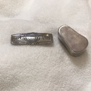 Sterling Silver French Barrette for hair and silver plate oval box.